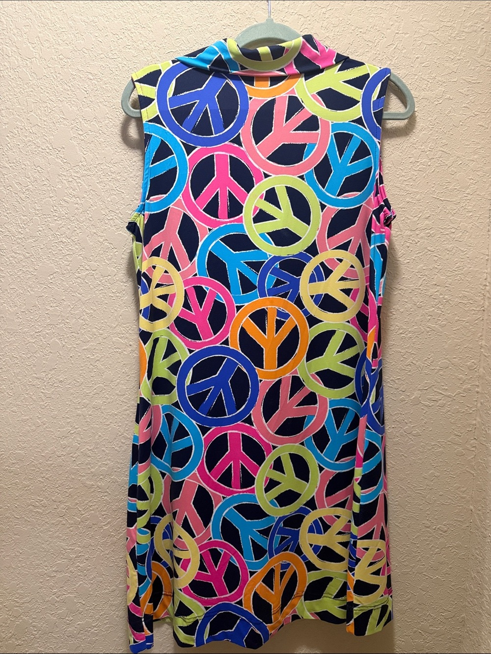 Lulu-B Multicolor Peace Sign Print Dress — Navy, Pink, Blue, Lime Green - Picture 7 of 7